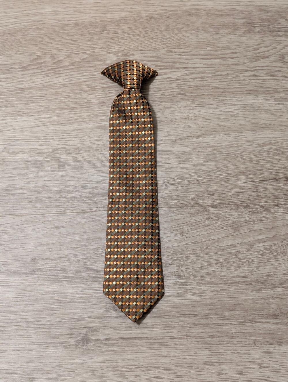 Boys Clip On Tie Brown Copper Checked Geometric Pattern Formal Dress Necktie